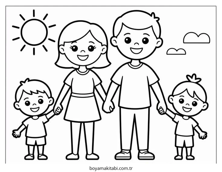 Aile boyama sayfası #136 – PDF indir, sevimli karakter