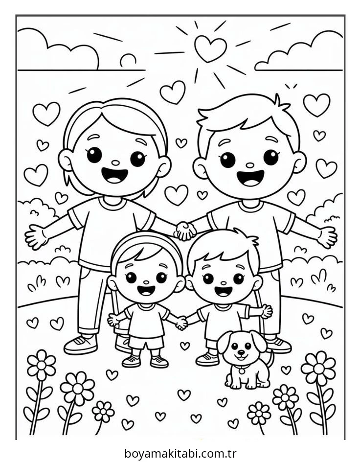 Aile boyama sayfası – sevimli karakter, sanatsal çalışma