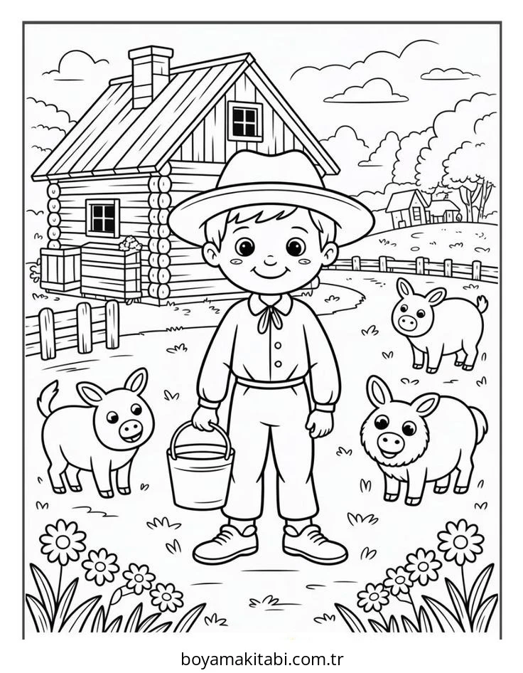 Çiftlik boyama sayfası – PDF indir, sevimli karakter