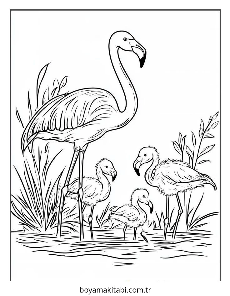 Flamingo boyama sayfası – kolay boyama, eğitici aktivite