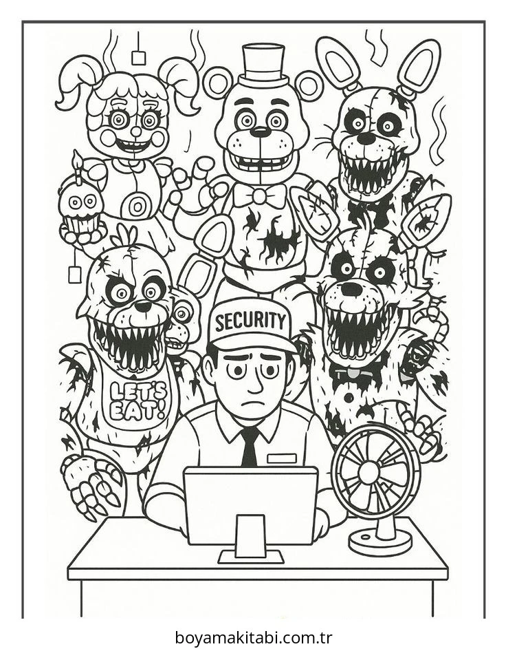 FNAF boyama sayfası – çizgi film temalı, basit çizim