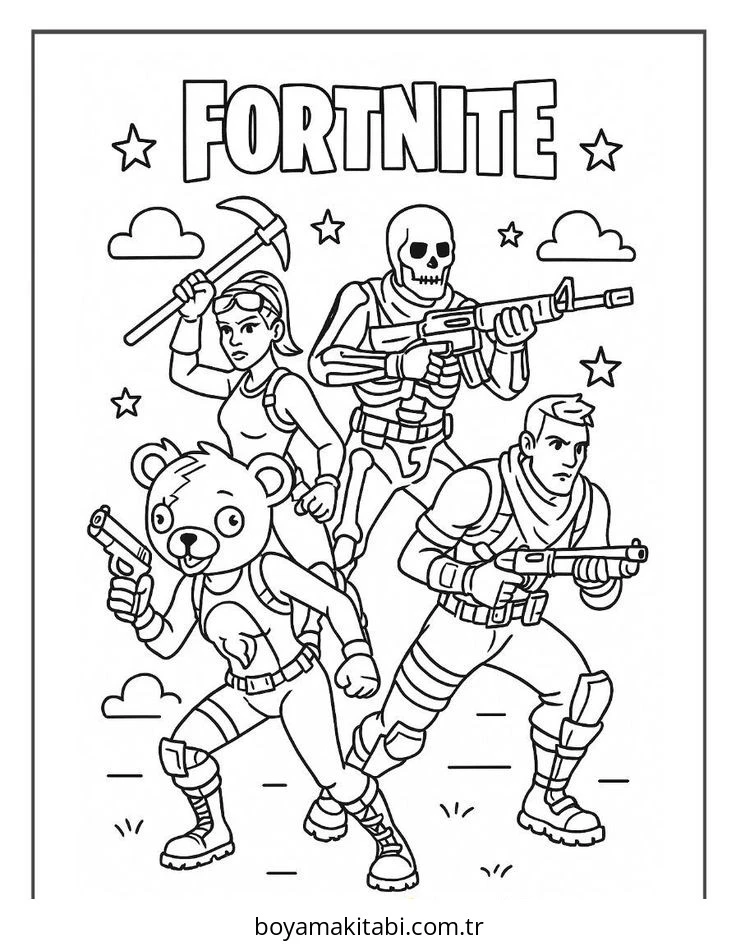 Fortnite boyama sayfası – çocuk aktivitesi, PDF indir