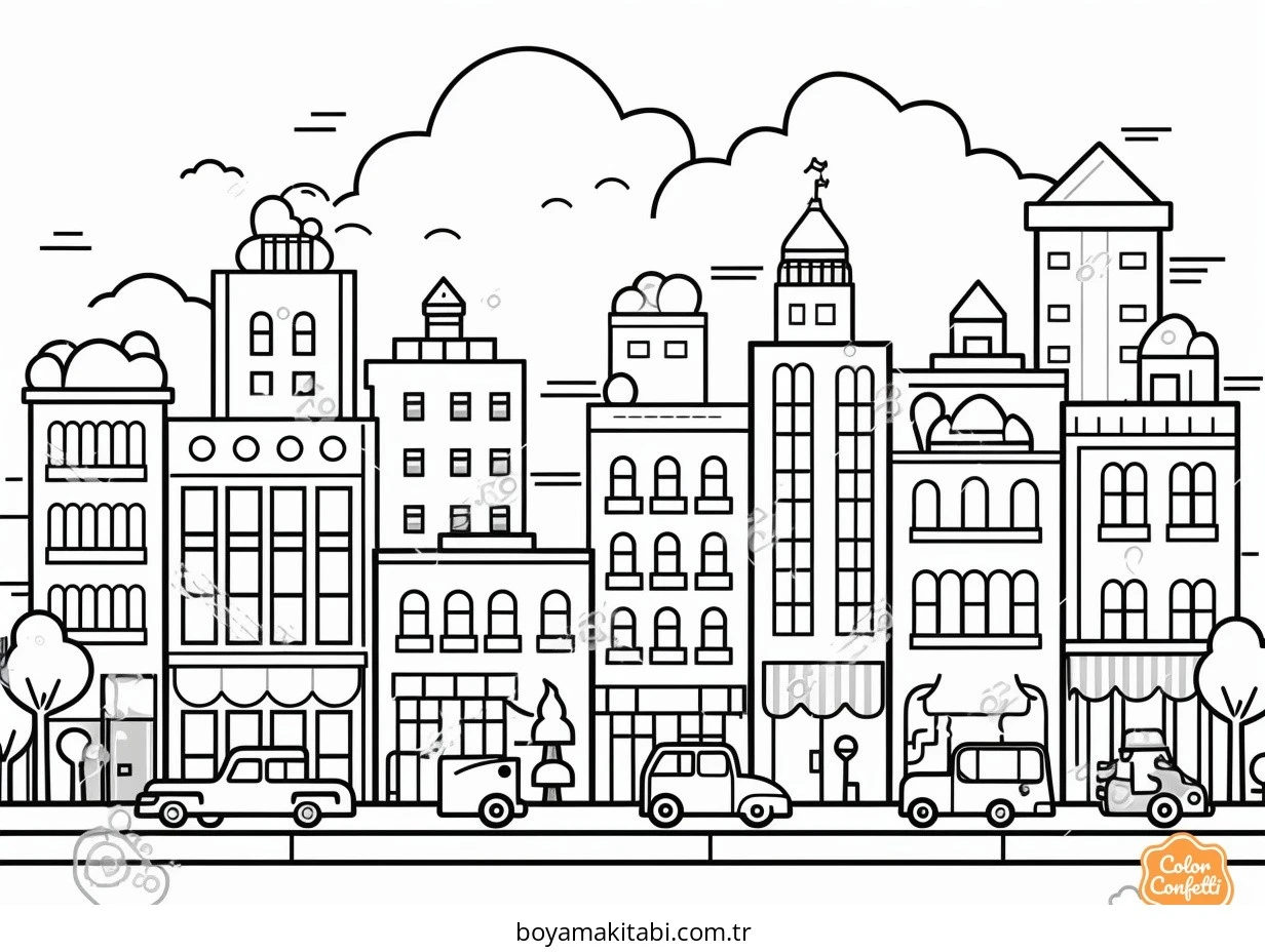 Future City boyama sayfası – PDF indir, sevimli karakter