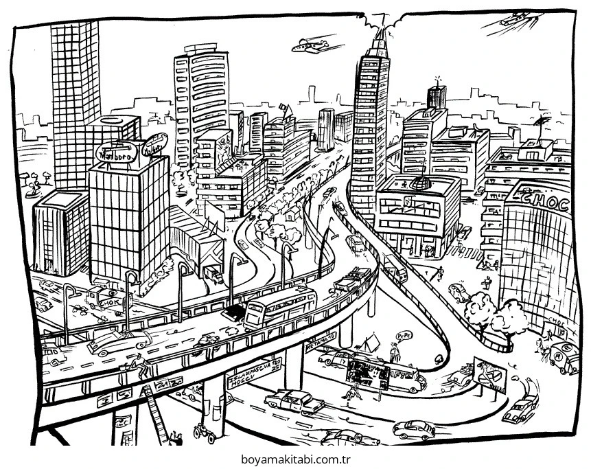 Future City boyama sayfası – eğlenceli etkinlik, el becerilerini geliştirir