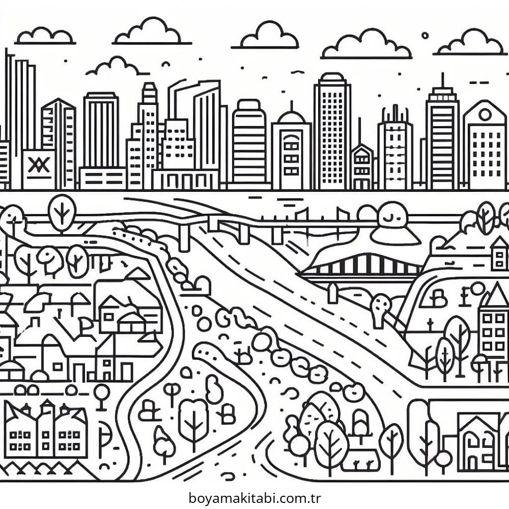 Future City boyama sayfası – PDF indir, sevimli karakter
