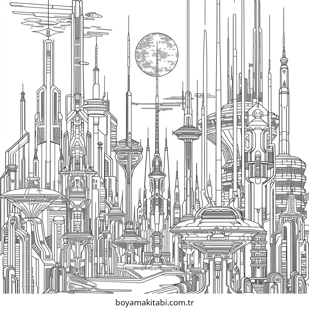 Future City boyama sayfası – keyifli zaman, renkli çizimler