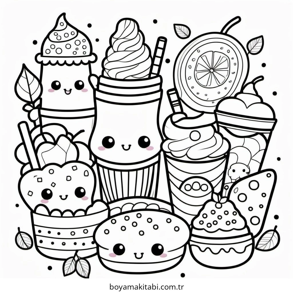 Kawaii Food boyama sayfası – boyama etkinliği, çocuk aktivitesi