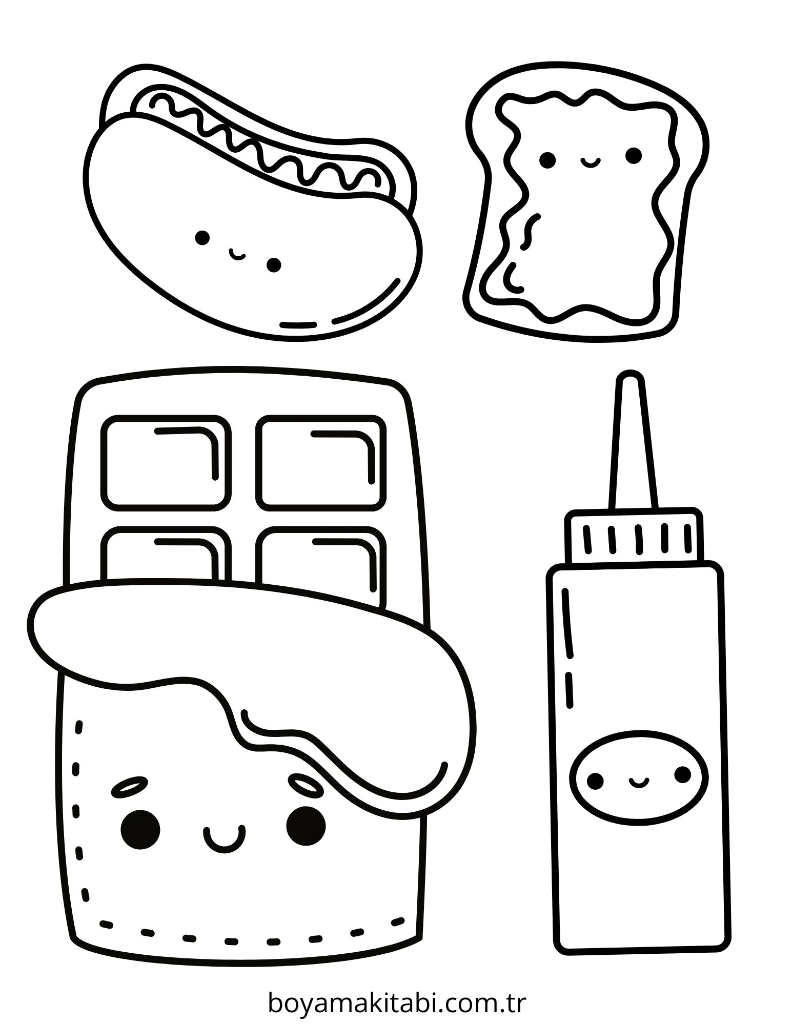 Kawaii Food boyama sayfası – çizgi film temalı, basit çizim