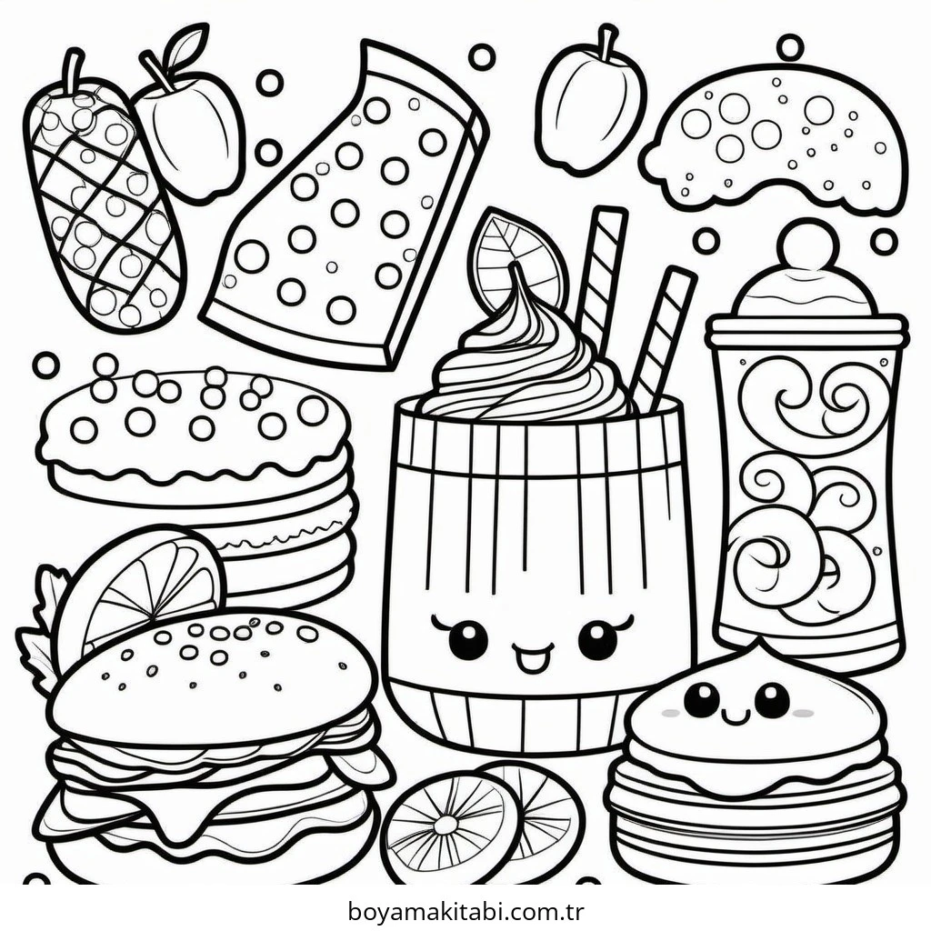 Kawaii Food boyama sayfası – el becerilerini geliştirir, boyama çalışması