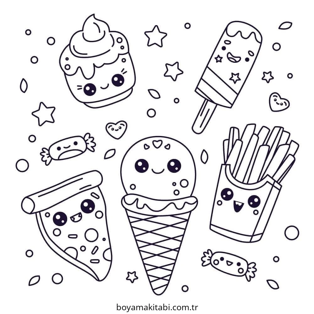 Kawaii Food boyama sayfası – keyifli zaman, renkli çizimler