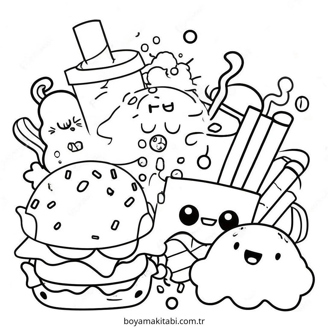 Kawaii Food boyama sayfası – sevimli karakter, sanatsal çalışma