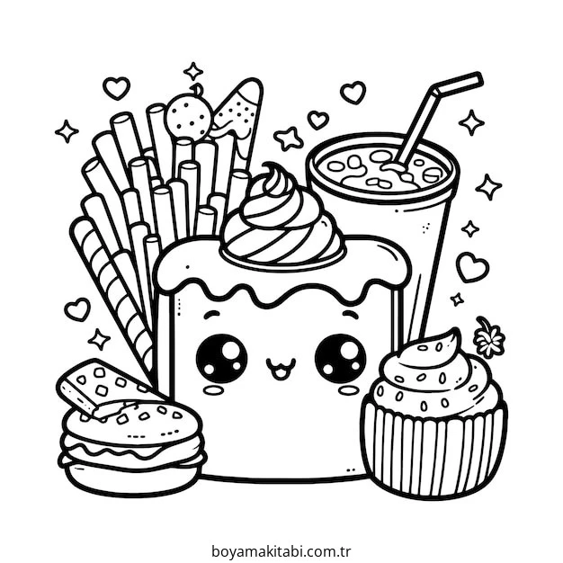 Kawaii Food boyama sayfası – çizgi film temalı, basit çizim