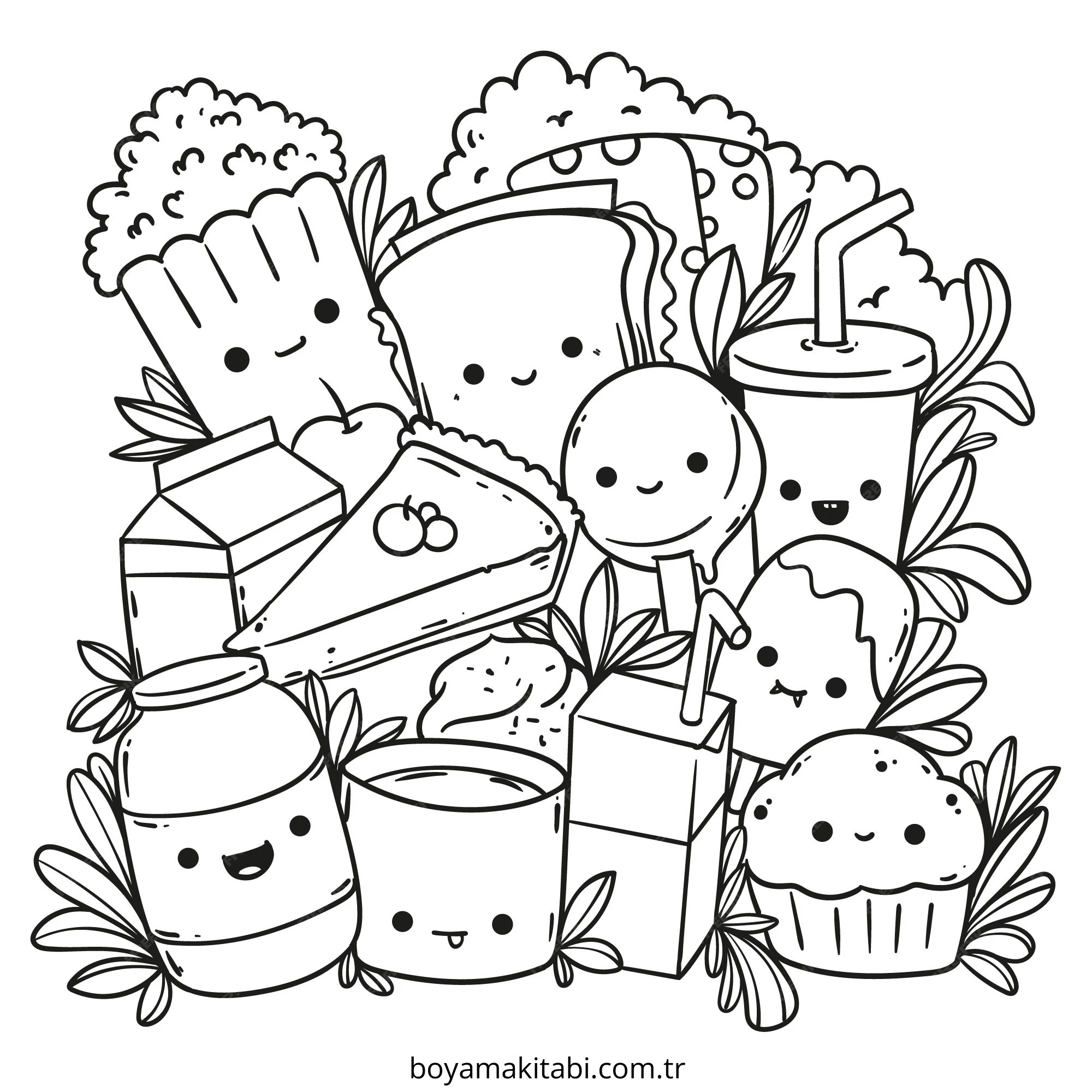 Kawaii Food boyama sayfası – el becerilerini geliştirir, boyama çalışması