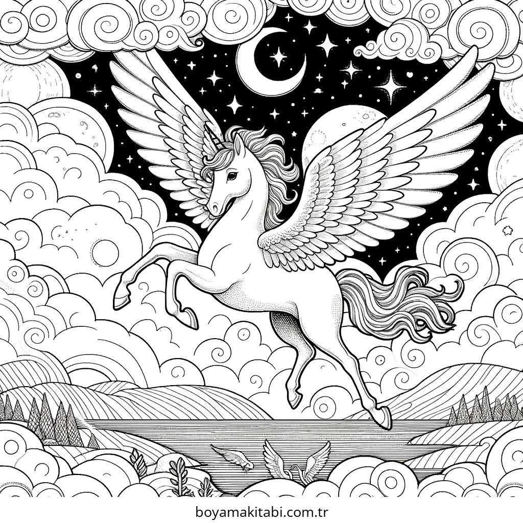 Pegasus boyama sayfası #70 – sabır ve özgüven kazandırır, yaratıcı sanat çalışması