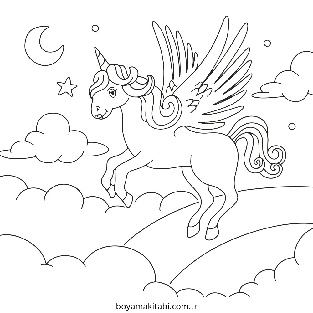 Pegasus boyama sayfası – basit çizim, kolay boyama