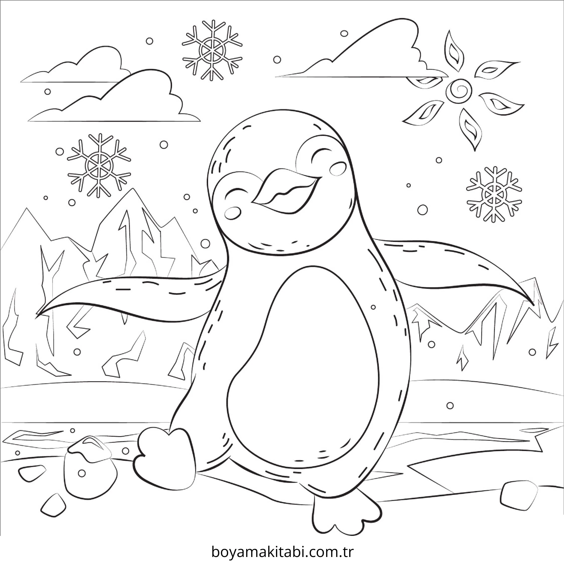 Penguen boyama sayfası – çizgi film temalı, basit çizim