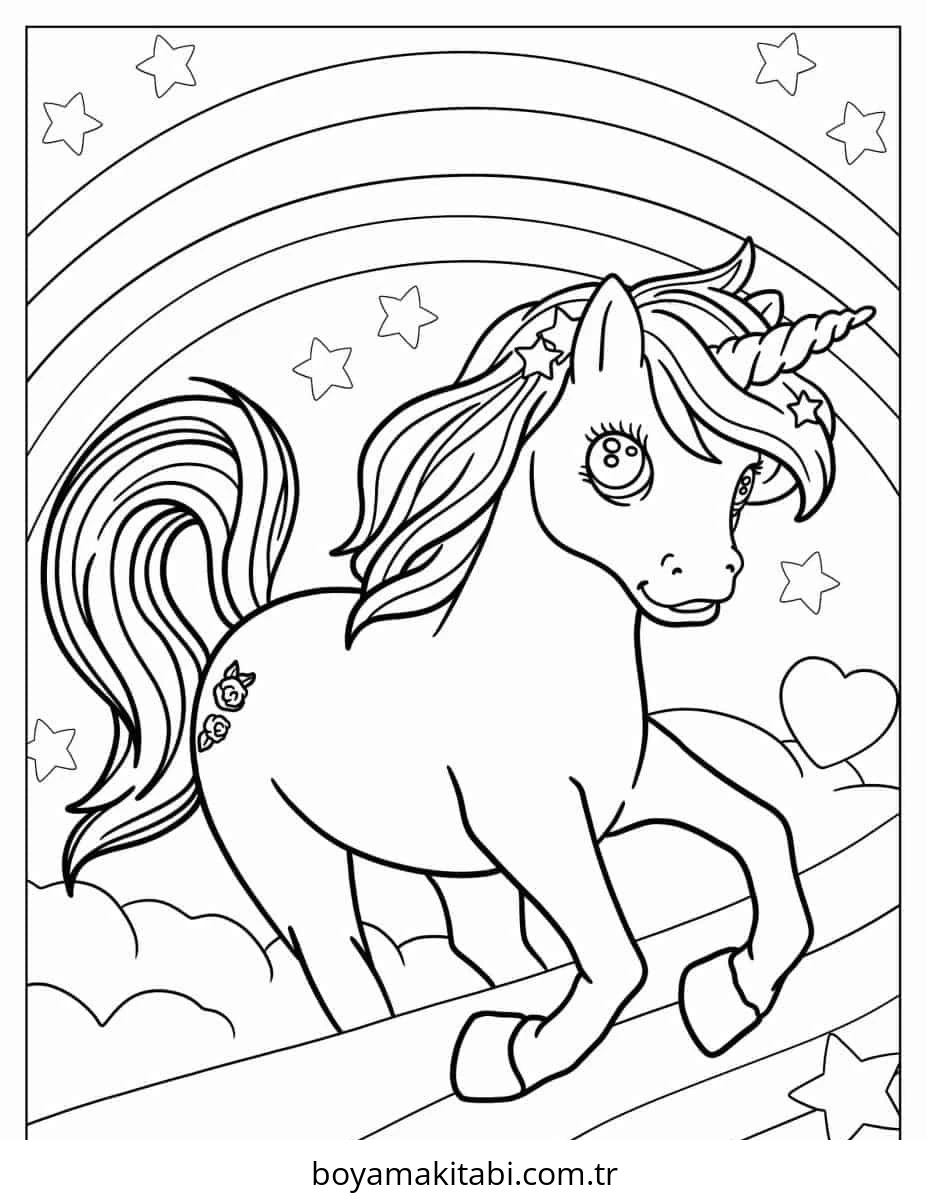 Unicorn boyama sayfası – çocuk aktivitesi, PDF indir