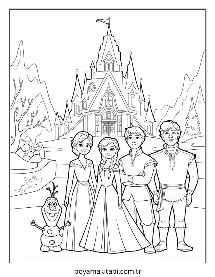 Frozen (Karlar Ülkesi) boyama sayfası – renkli çizimler, okul öncesi