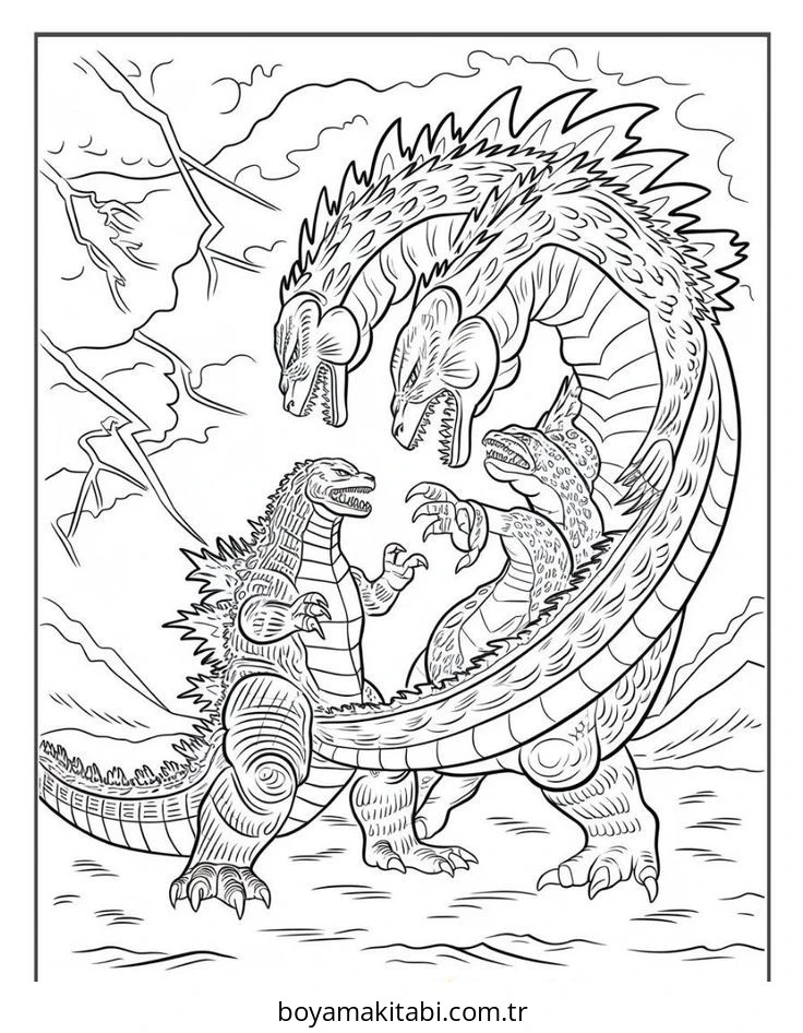 Godzilla boyama sayfası – basit çizim, kolay boyama