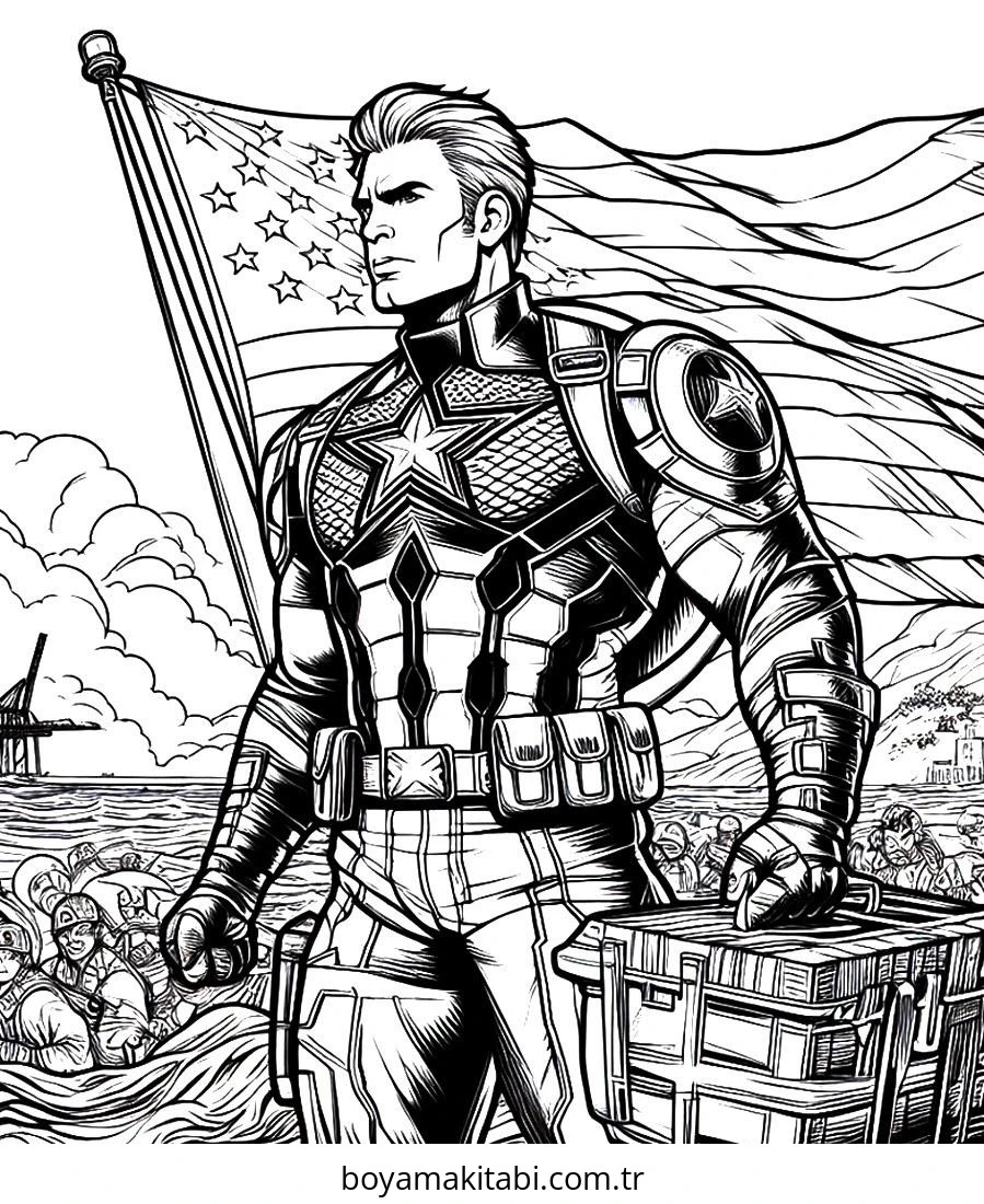 Captain America boyama sayfası – çizgi film temalı, basit çizim